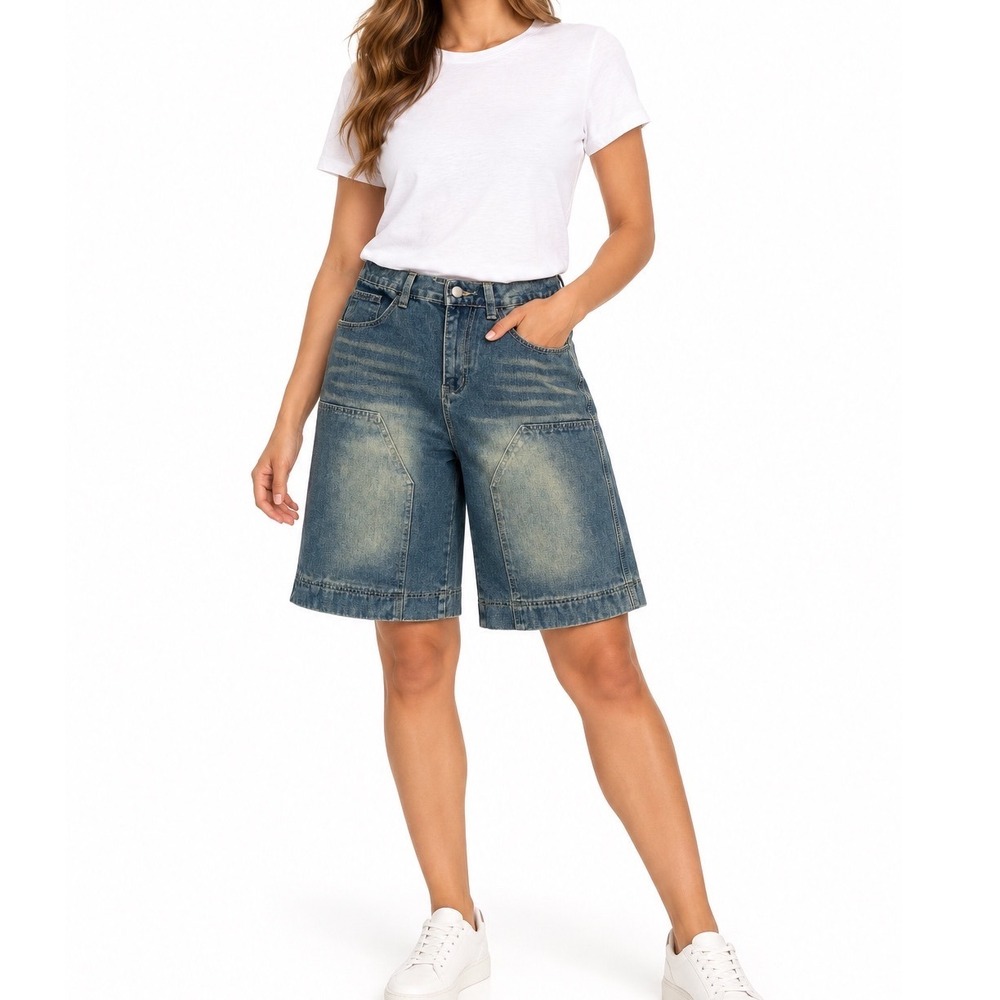 Womens High Waisted Wide Leg Denim Shorts Sand Wash Blue Size S Streetwear